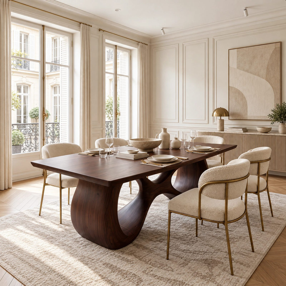 Modern Solid Wood Dining Table With Interlaced Wave Base For Dining Room