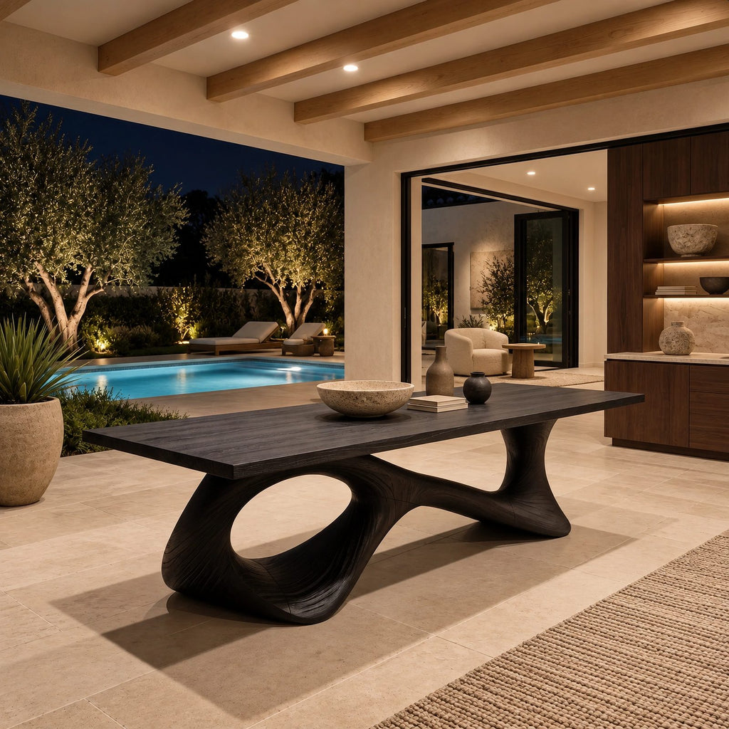Modern Live Edge Dining Table With Flowing Curved Base For Dining Room