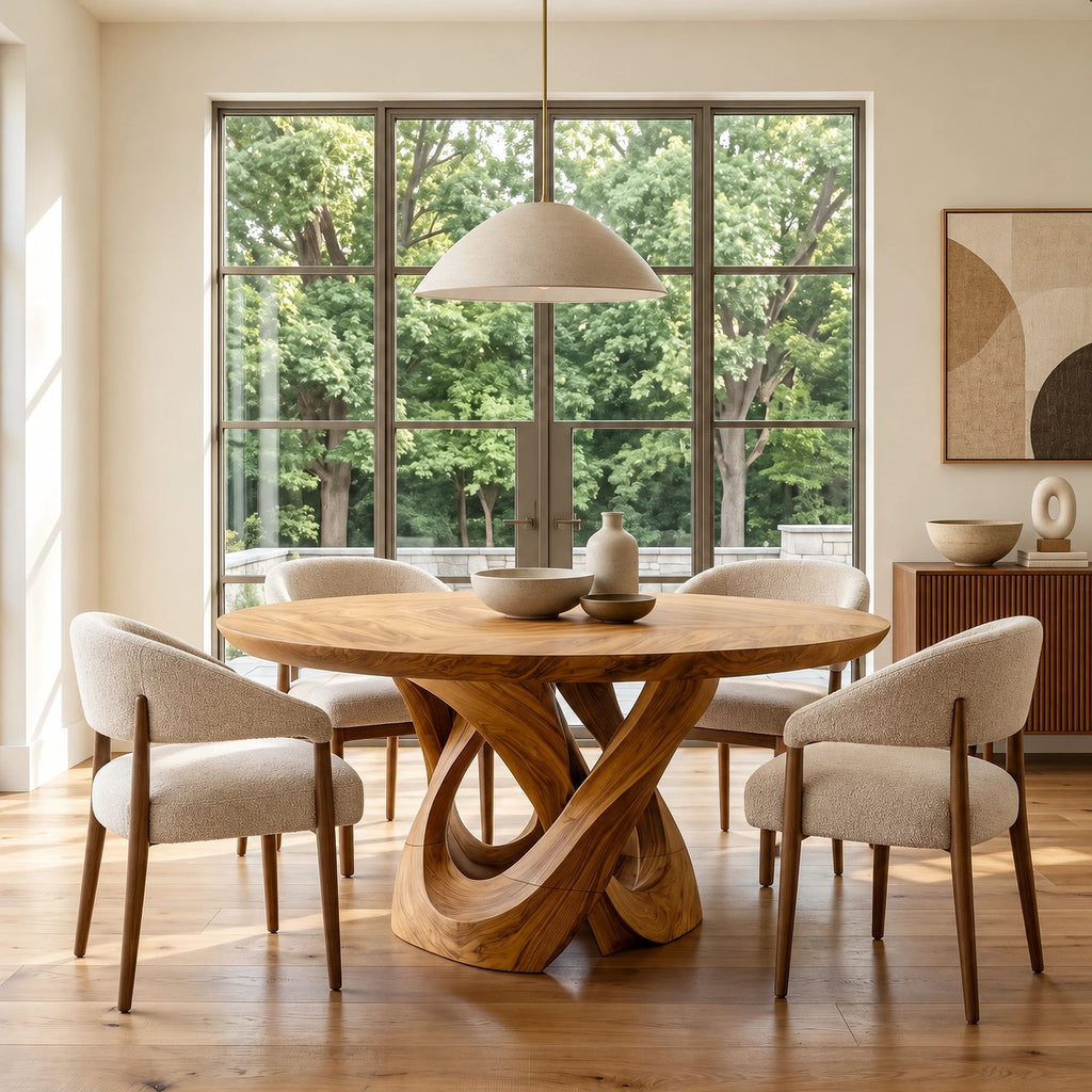 Modern Round Dining Table With Double Spiral Base For Dining Room