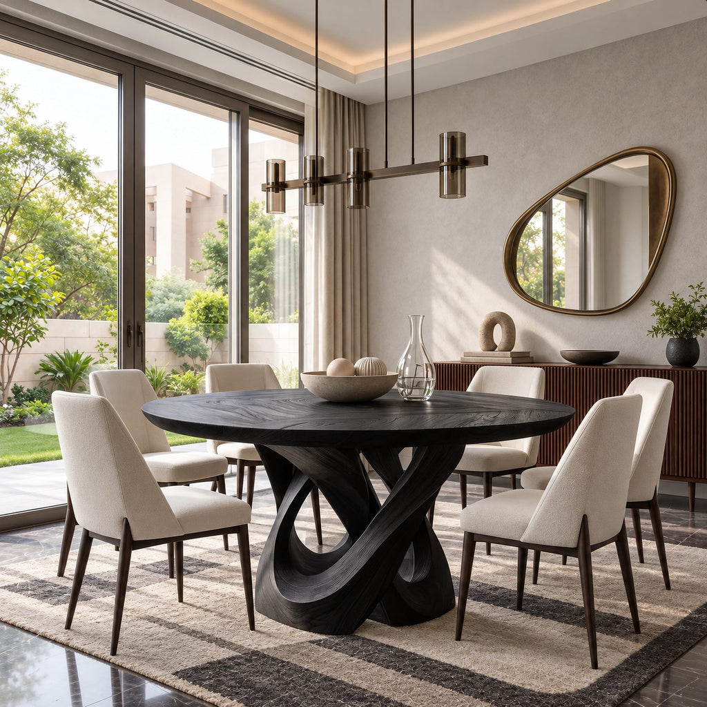 Modern Round Dining Table With Double Spiral Base For Dining Room