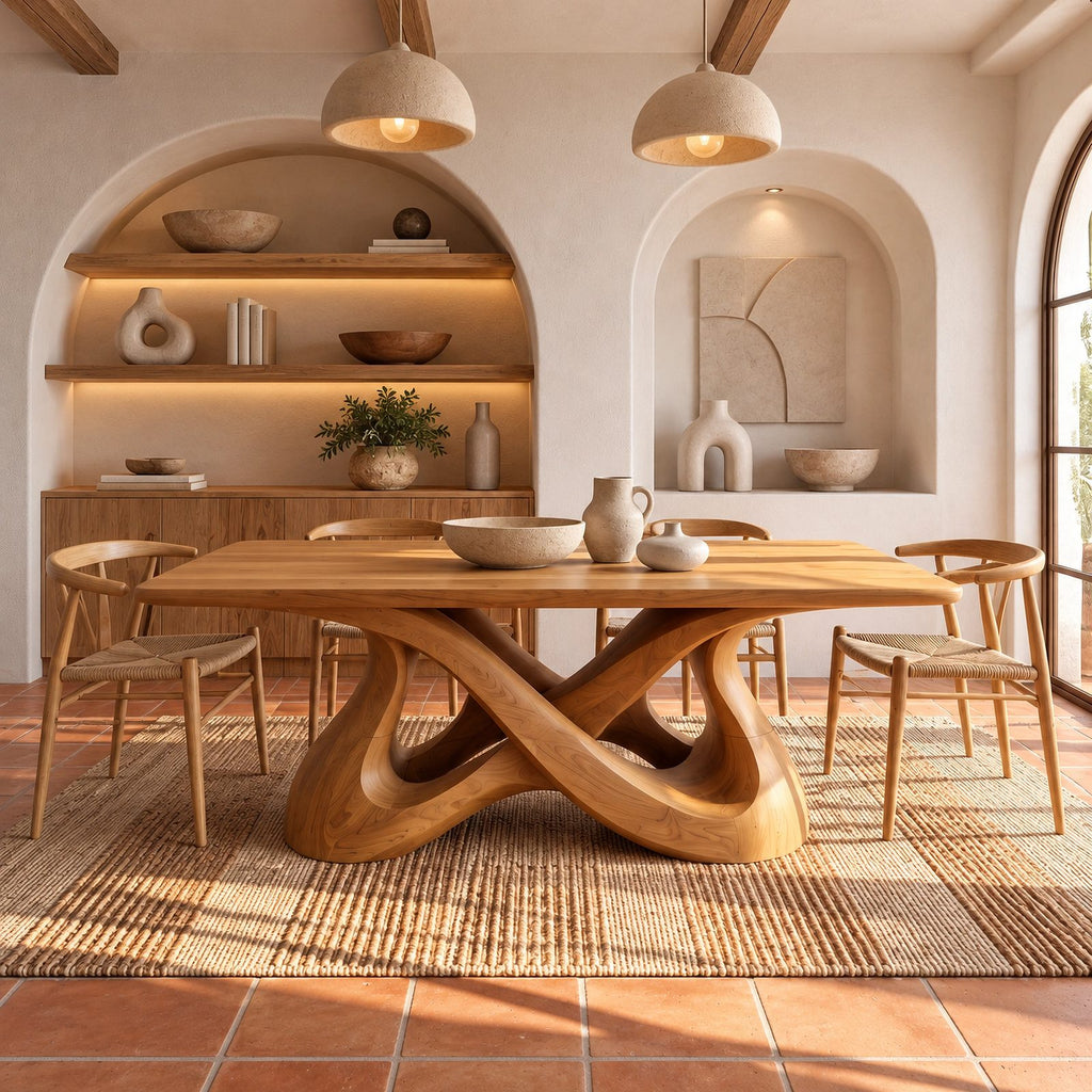 Scandinavian Solid Wood Dining Table With Mirrored Wave Legs For Dining Room