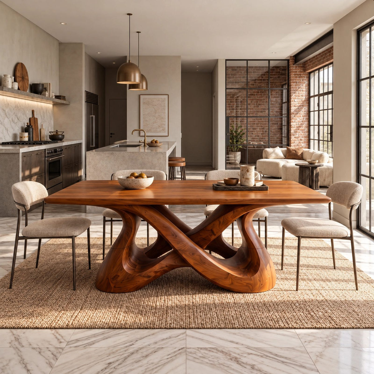 Scandinavian Solid Wood Dining Table With Mirrored Wave Legs For Dining Room