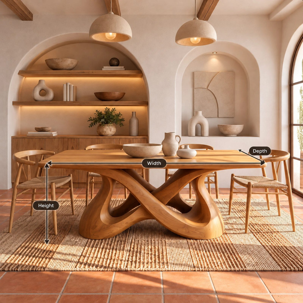 Scandinavian Solid Wood Dining Table With Mirrored Wave Legs For Dining Room