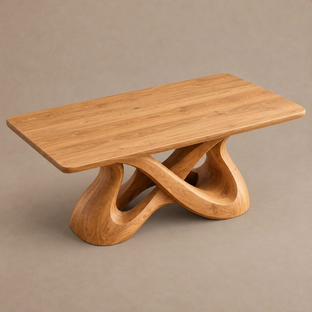 Scandinavian Solid Wood Dining Table With Mirrored Wave Legs For Dining Room