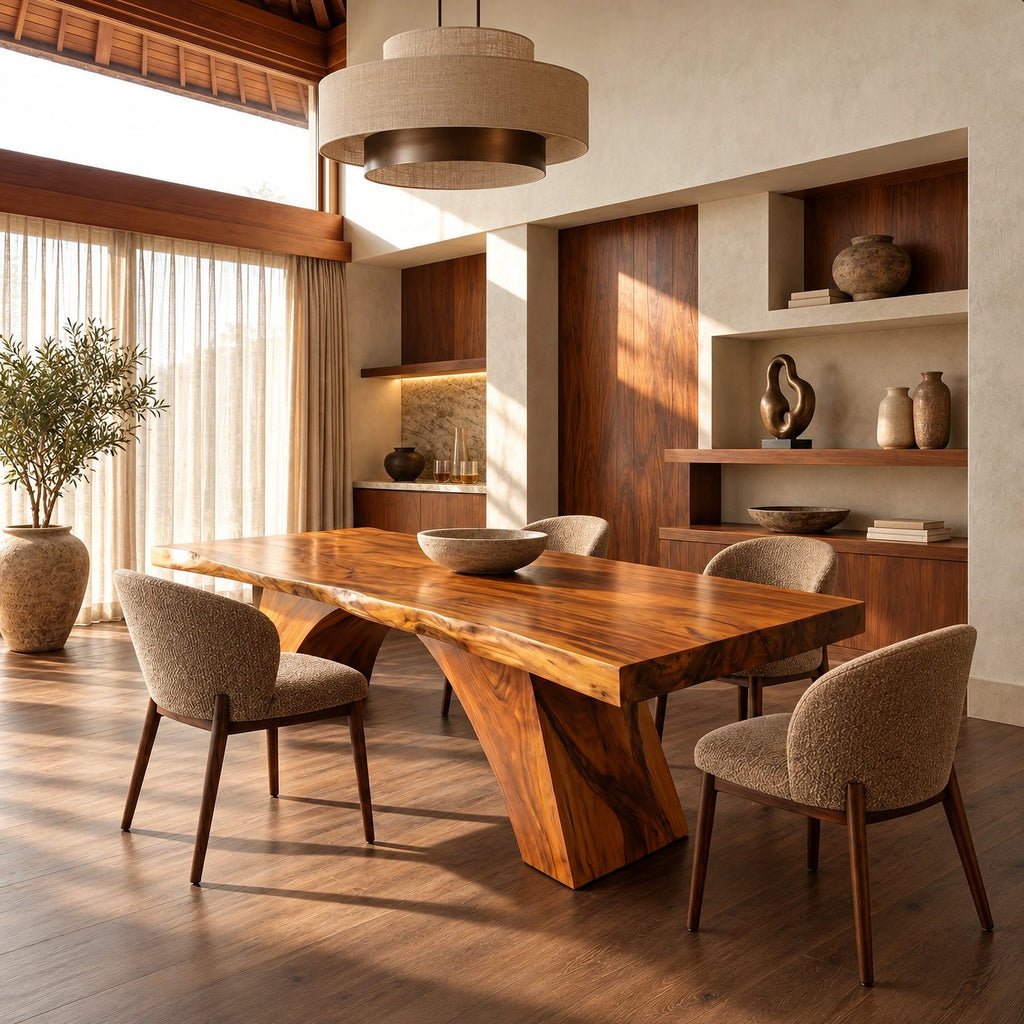 Handcrafted Live Edge Dining Table With Angled Trunk Base For Dining Room