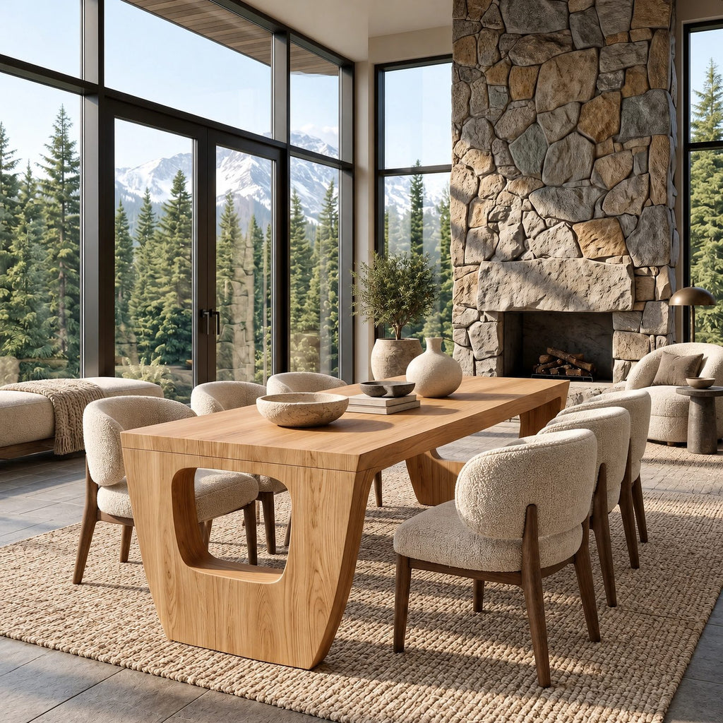 Modern Solid Wood Dining Table With Sculptural Cutout Base For Dining Room