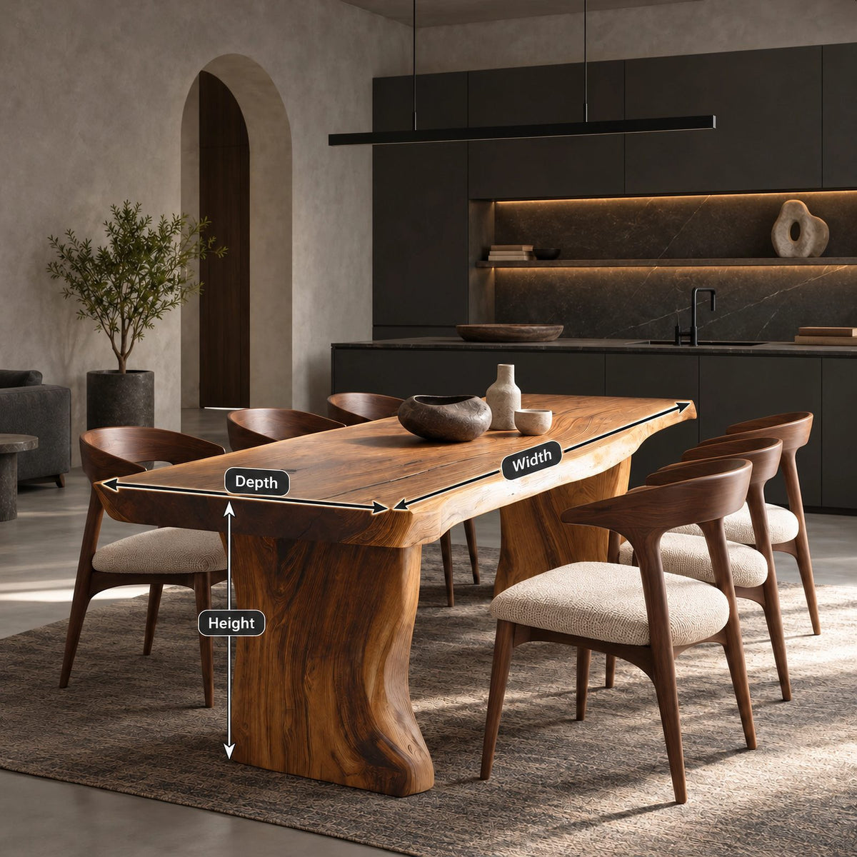Contemporary Wood Dining Table With Sculptural Flared Base For Kitchen