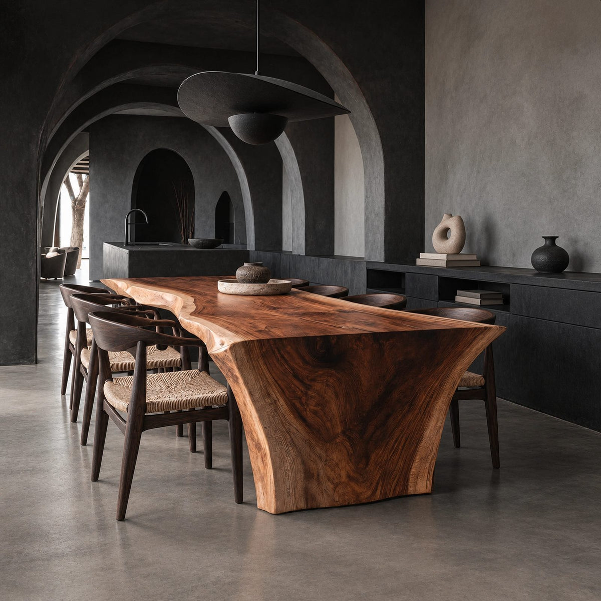 Organic Live Edge Dining Table With Flared Pedestal Base For Dining Room