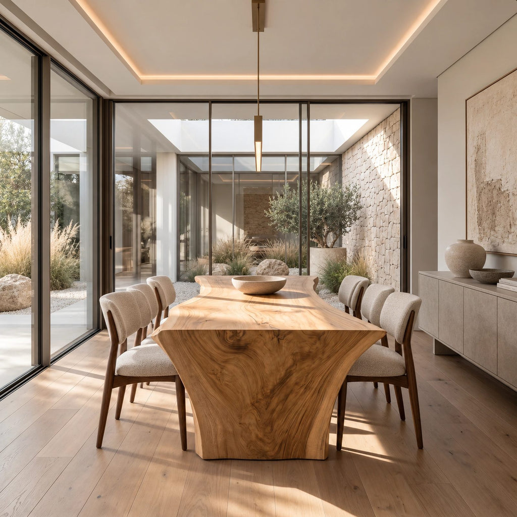 Organic Live Edge Dining Table With Flared Pedestal Base For Dining Room