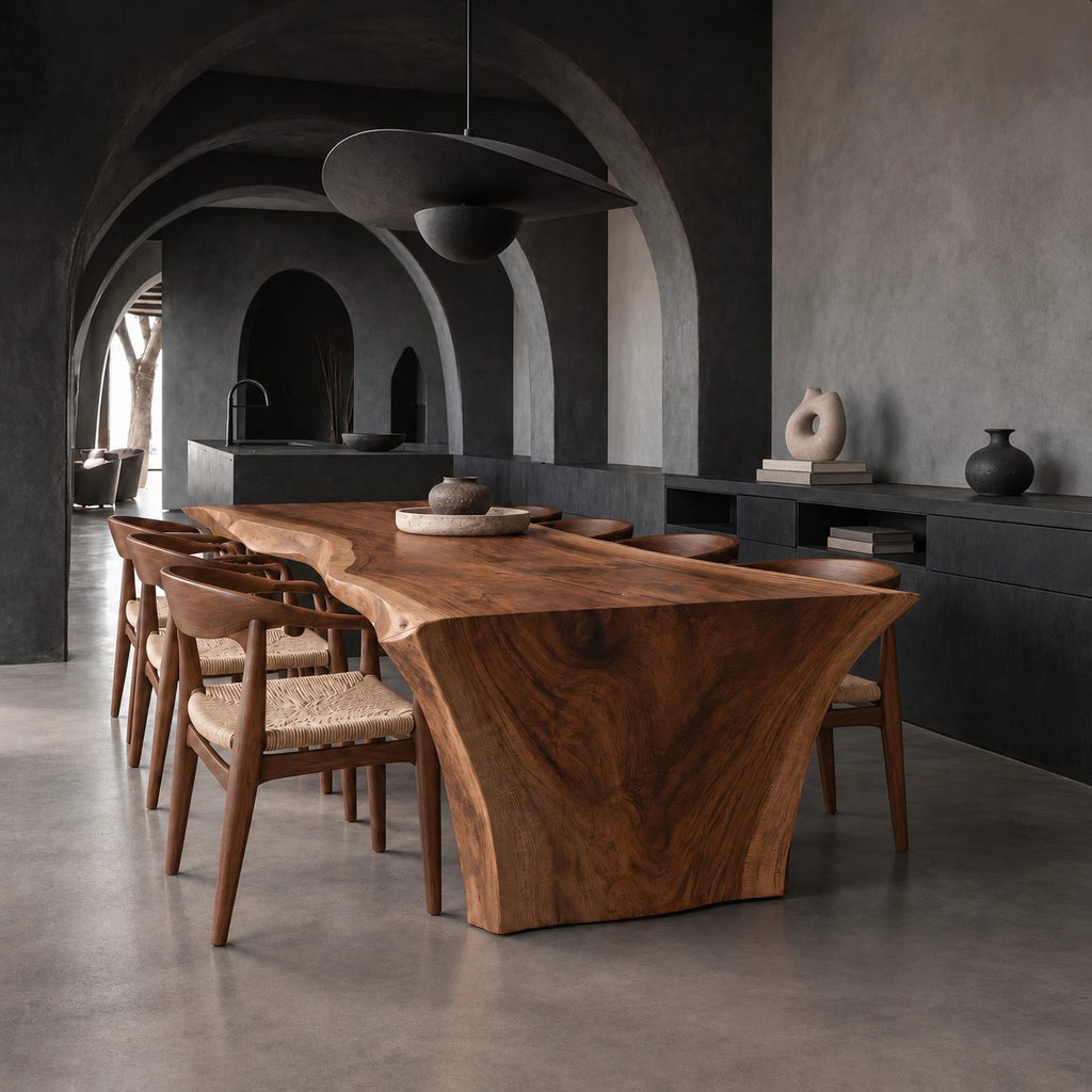 Organic Live Edge Dining Table With Flared Pedestal Base For Dining Room