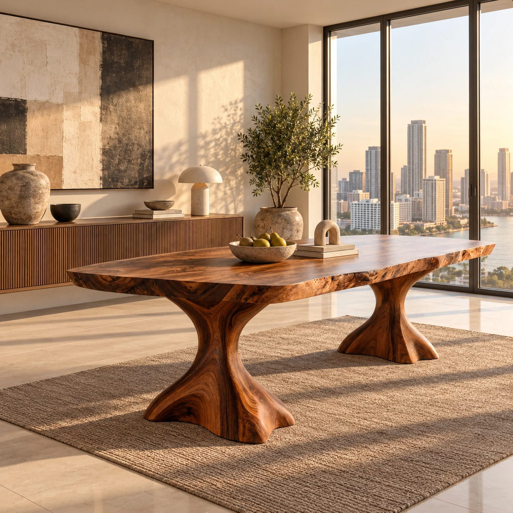 Minimalist Live Edge Dining Table With Sculptural Trumpet Base For Kitchen