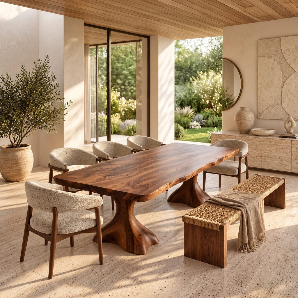 Minimalist Live Edge Dining Table With Sculptural Trumpet Base For Kitchen