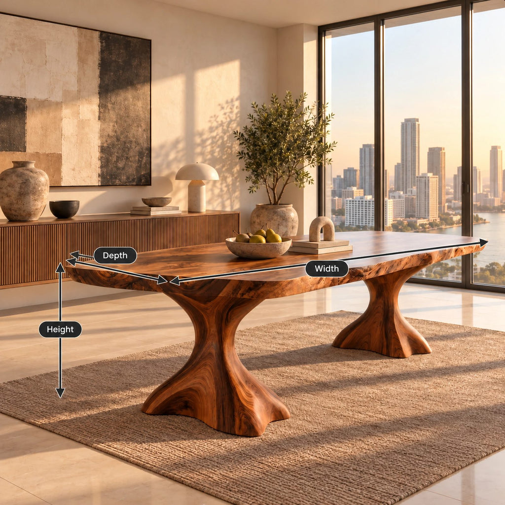 Minimalist Live Edge Dining Table With Sculptural Trumpet Base For Kitchen