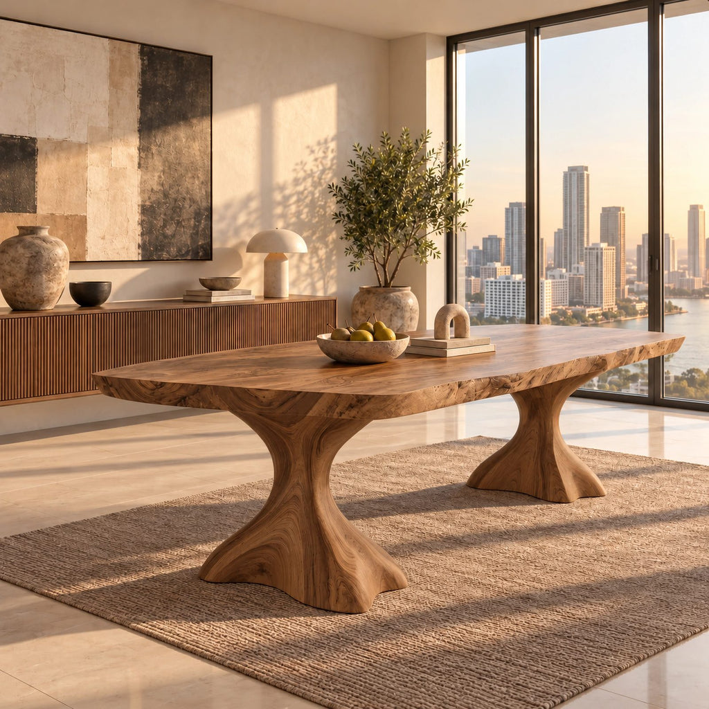 Minimalist Live Edge Dining Table With Sculptural Trumpet Base For Kitchen