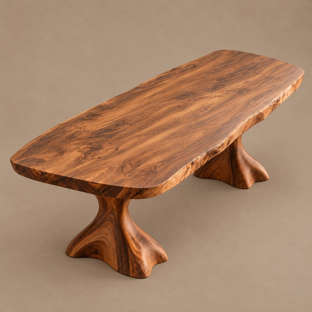 Minimalist Live Edge Dining Table With Sculptural Trumpet Base For Kitchen