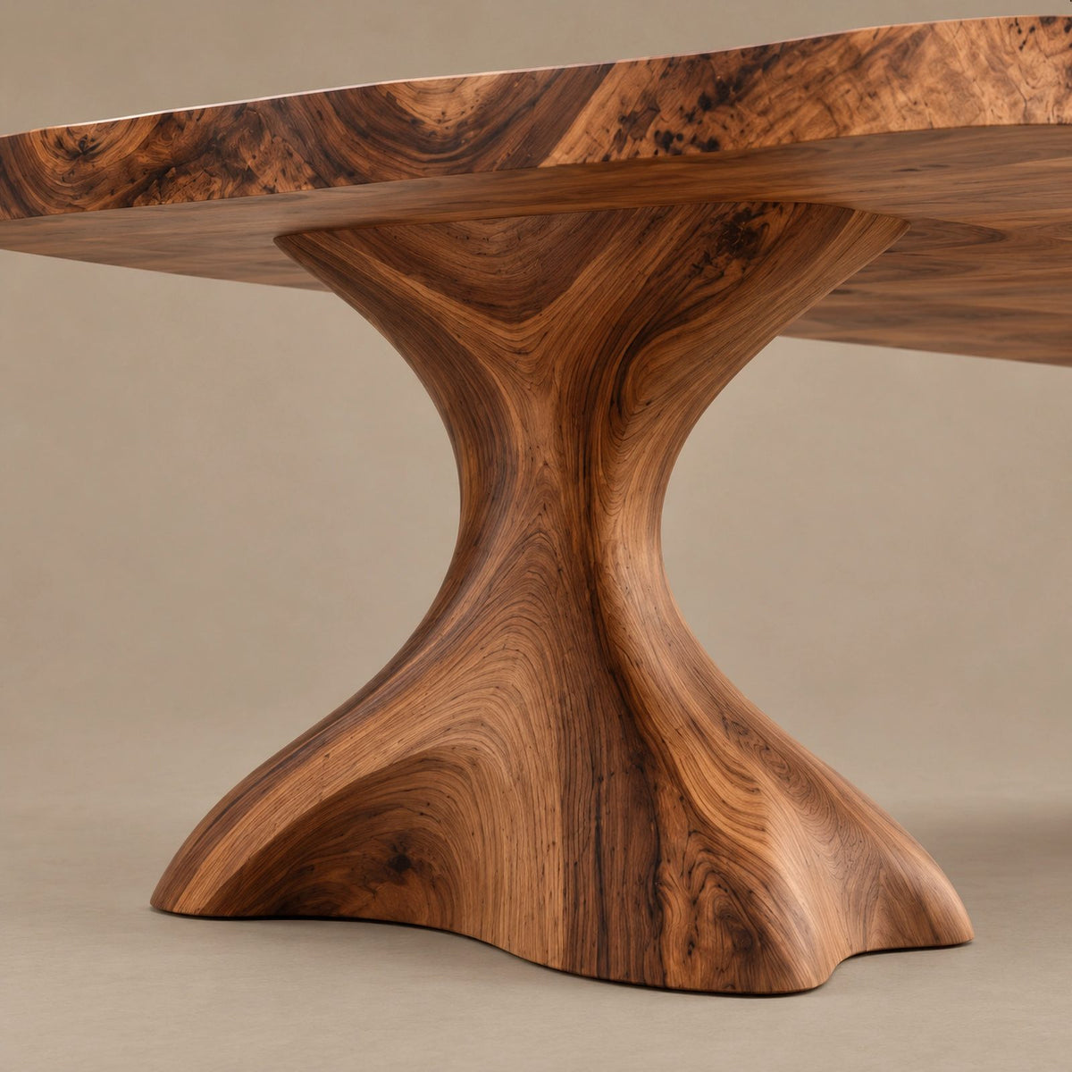 Minimalist Live Edge Dining Table With Sculptural Trumpet Base For Kitchen