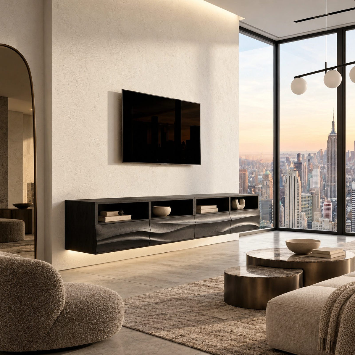 Modern Wall Mounted TV Stand With Wave Front Drawers For Living Room