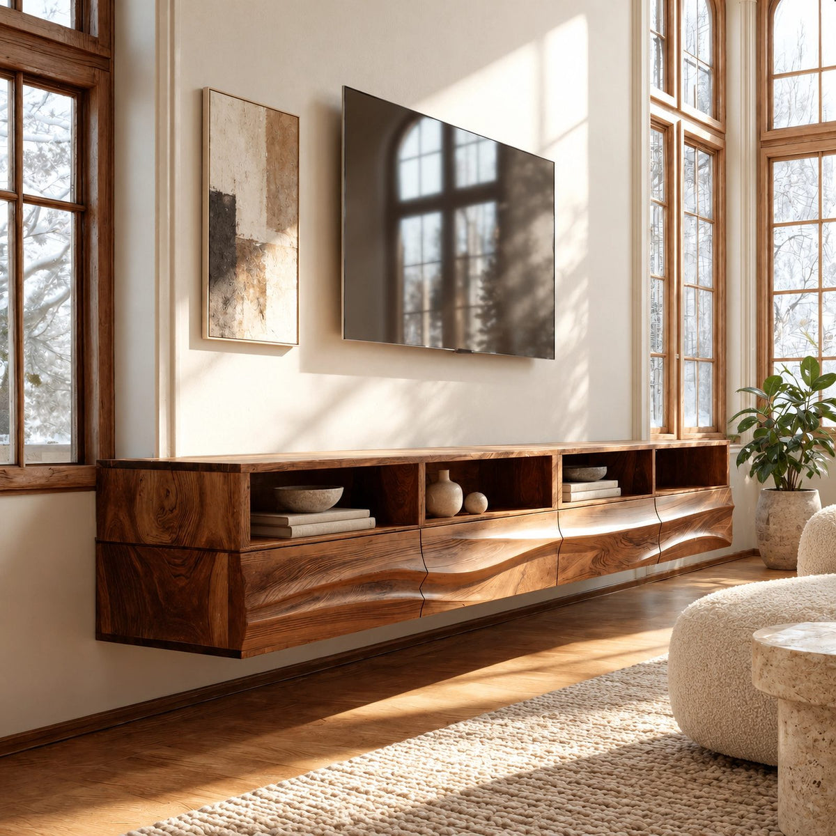 Modern Wall Mounted TV Stand With Wave Front Drawers For Living Room