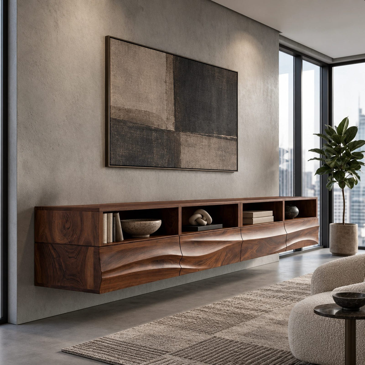 Modern Wall Mounted TV Stand With Wave Front Drawers For Living Room