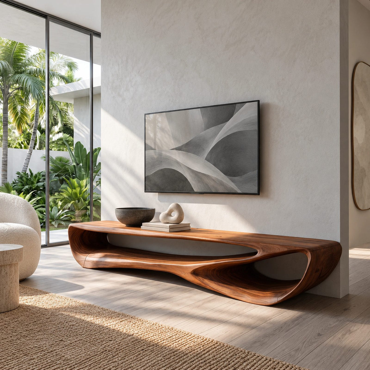 Sculptural Wood TV Console With Open Loop Base For Living Room