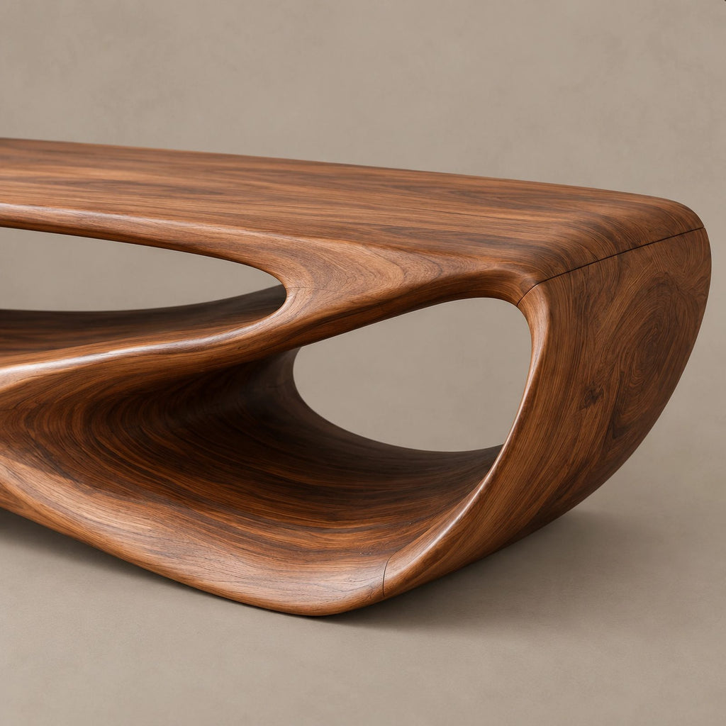 Sculptural Wood TV Console With Open Loop Base For Living Room