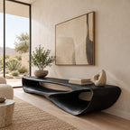 Sculptural Wood TV Console With Open Loop Base For Living Room