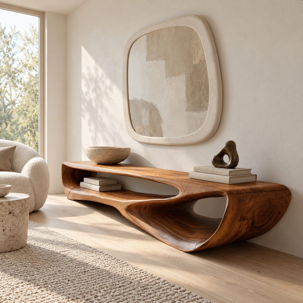 Sculptural Wood TV Console With Open Loop Base For Living Room