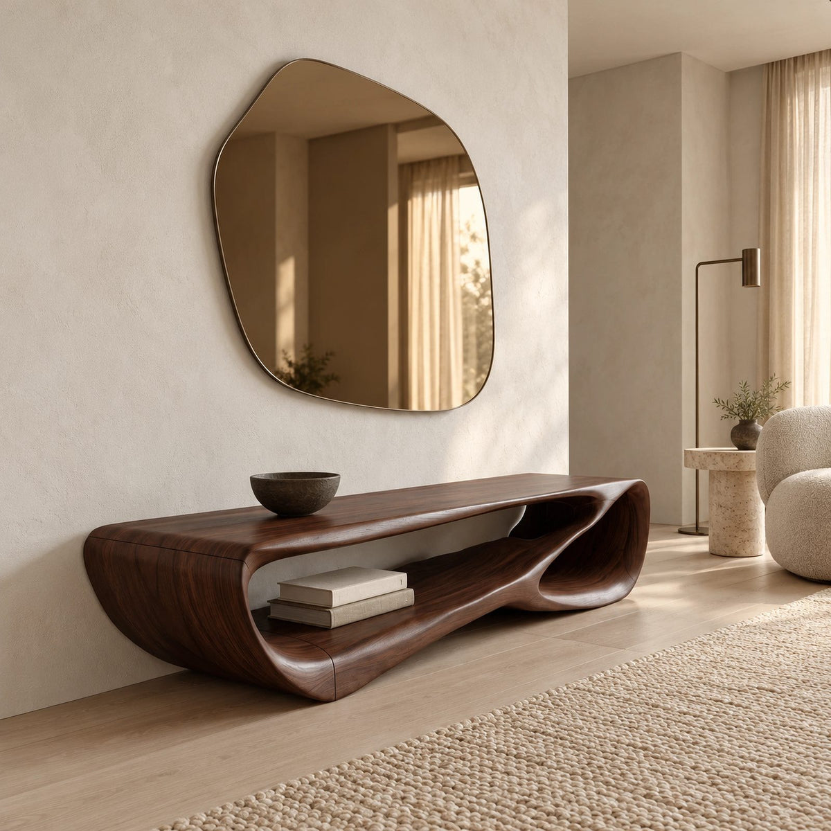Sculptural Wood TV Console With Open Loop Base For Living Room