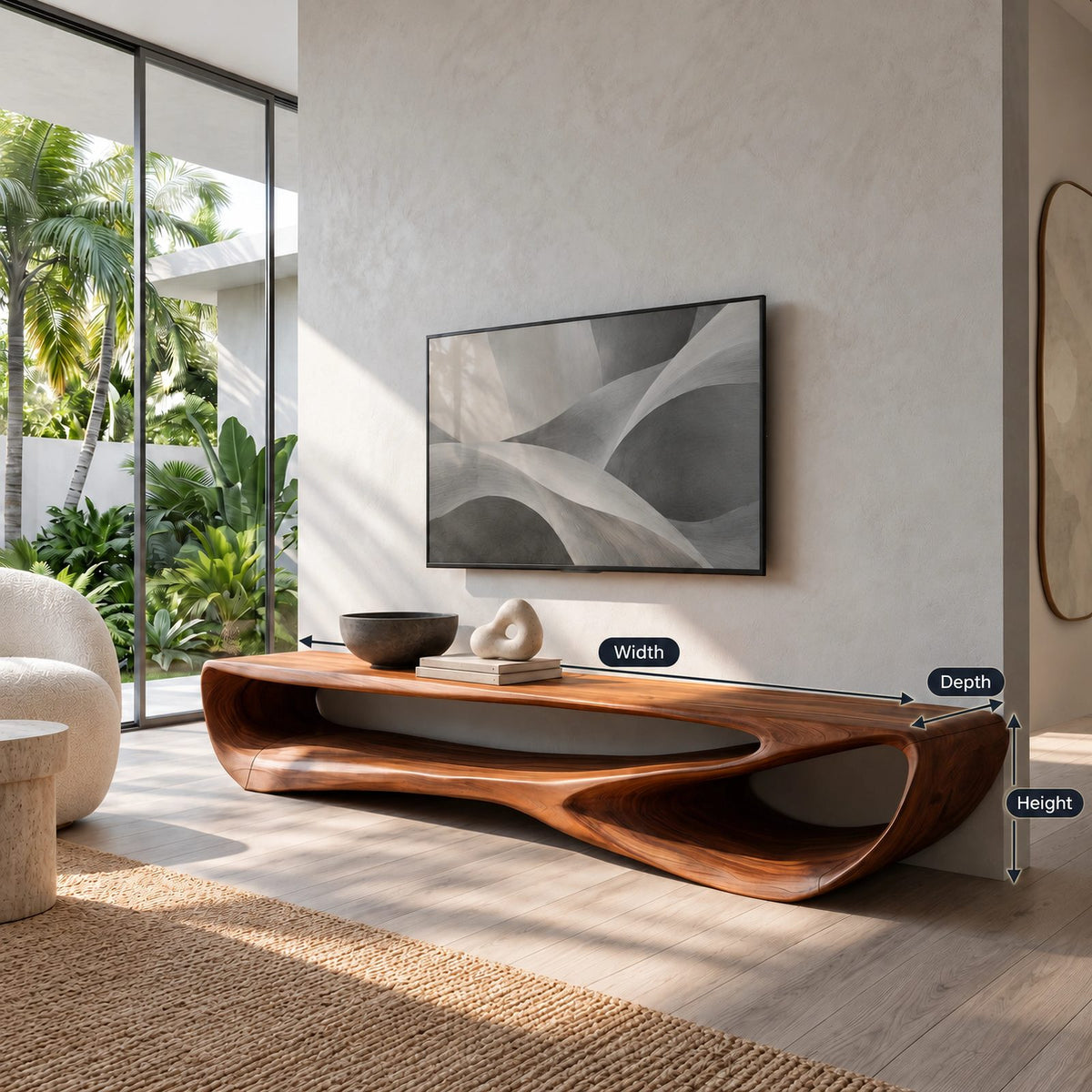 Sculptural Wood TV Console With Open Loop Base For Living Room