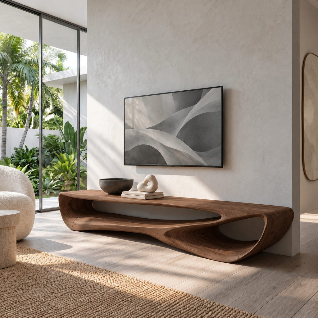 Sculptural Wood TV Console With Open Loop Base For Living Room