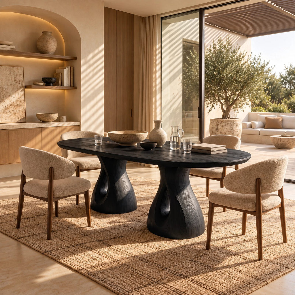 Modern Oval Dining Table With Twin Cylinder Pedestals For Dining Room