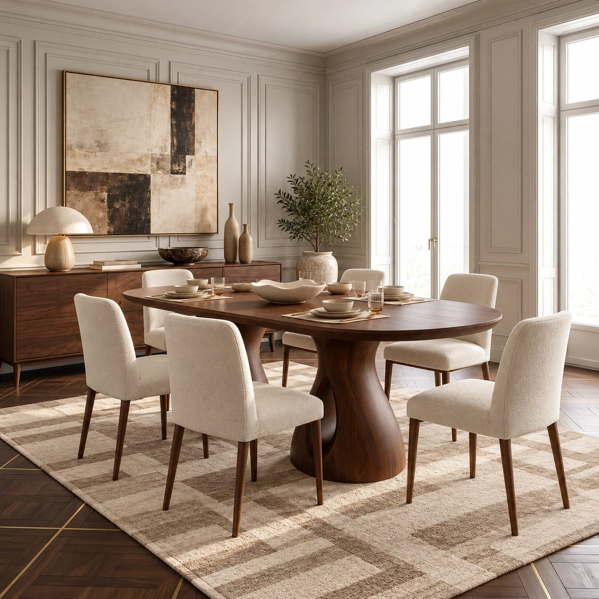 Modern Oval Dining Table With Twin Cylinder Pedestals For Dining Room