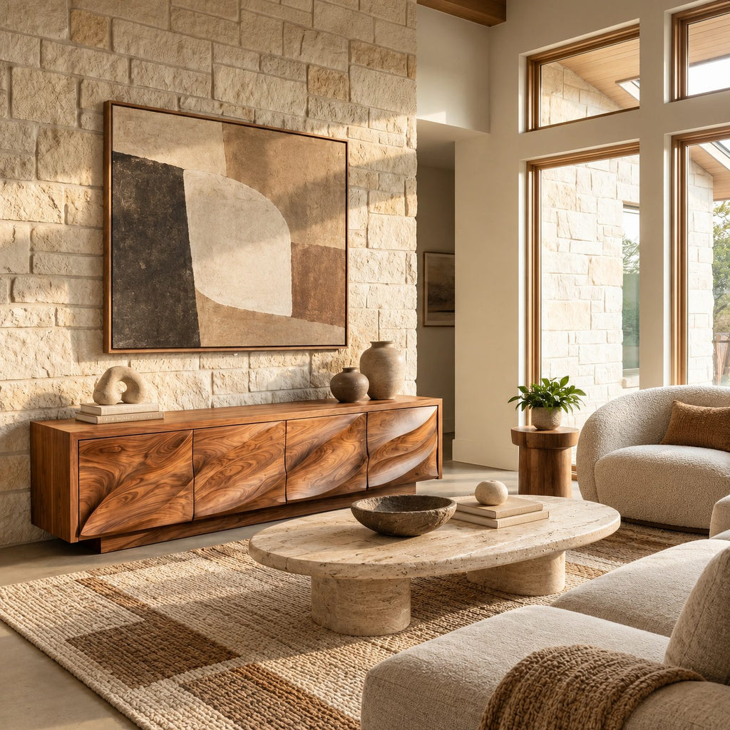 Contemporary Wood TV Cabinet With Floating Live Edge Top For Living Room