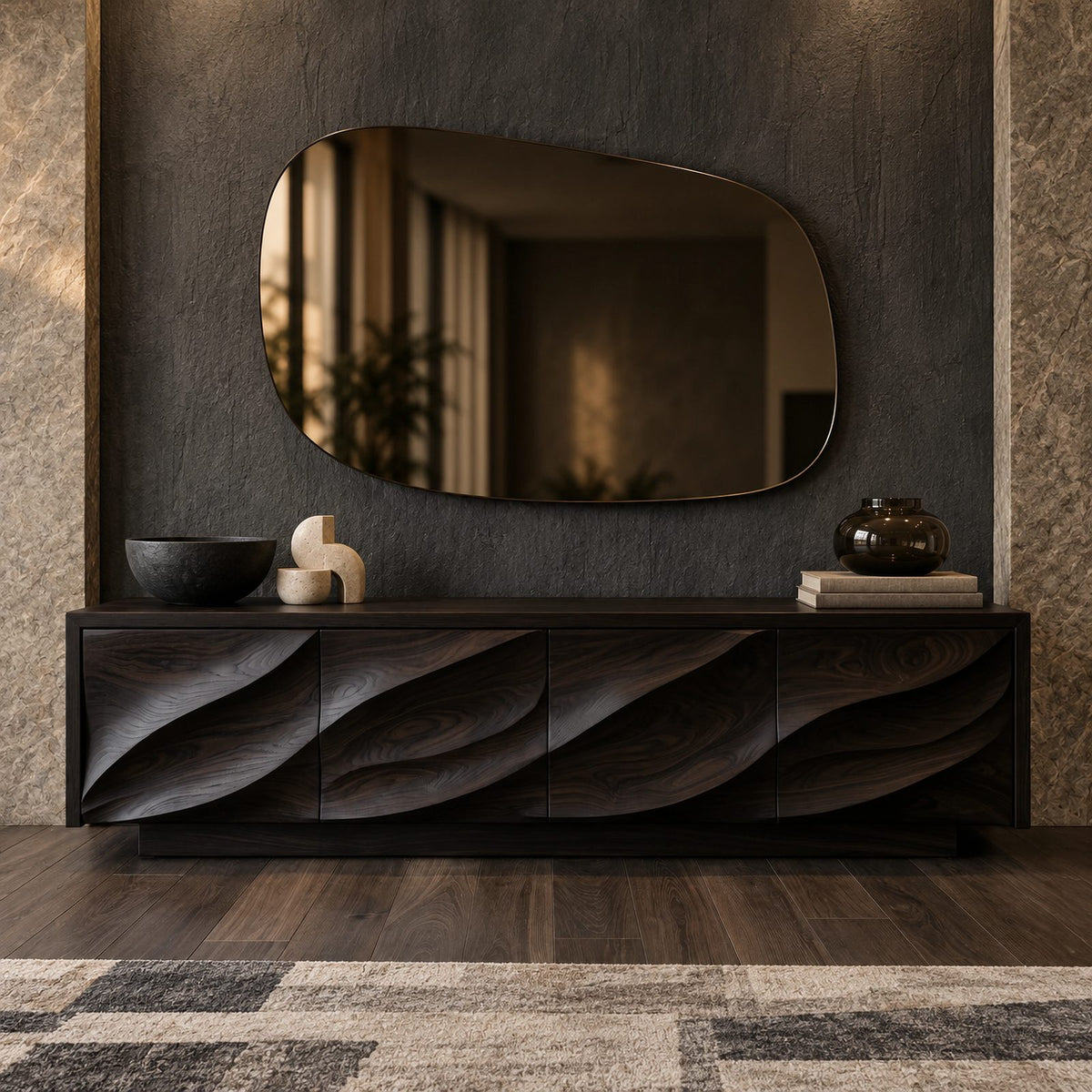 Contemporary Wood TV Cabinet With Floating Live Edge Top For Living Room