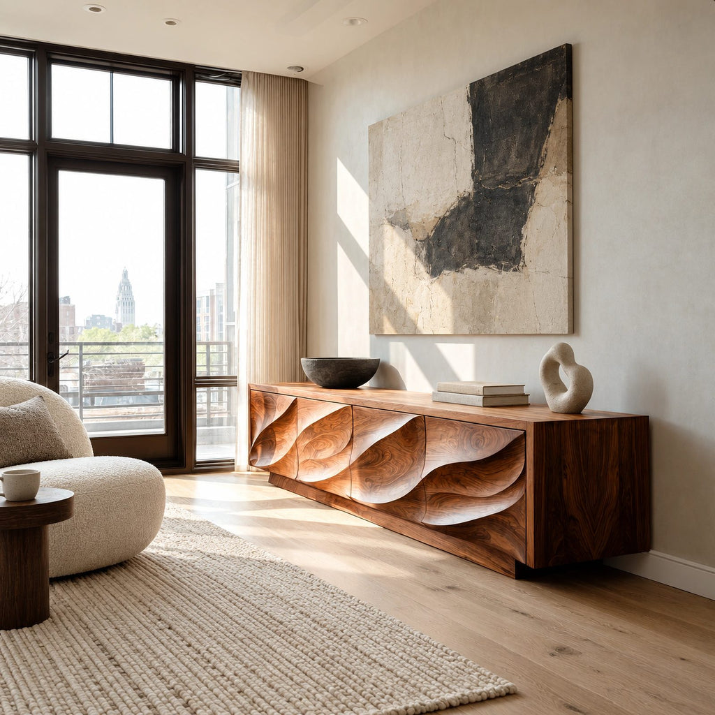 Contemporary Wood TV Cabinet With Floating Live Edge Top For Living Room