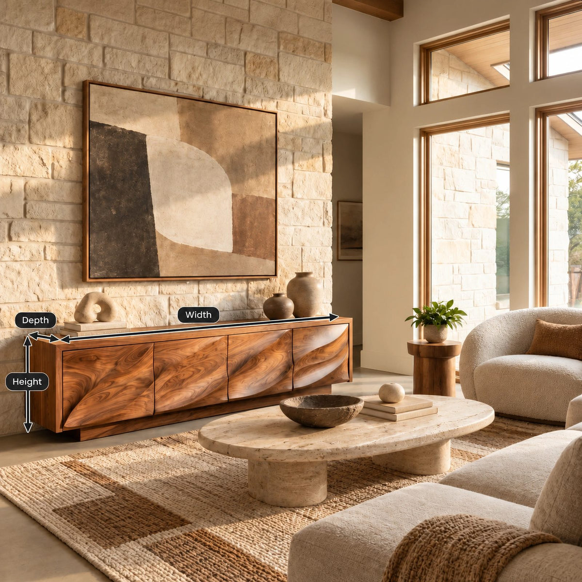 Contemporary Wood TV Cabinet With Floating Live Edge Top For Living Room