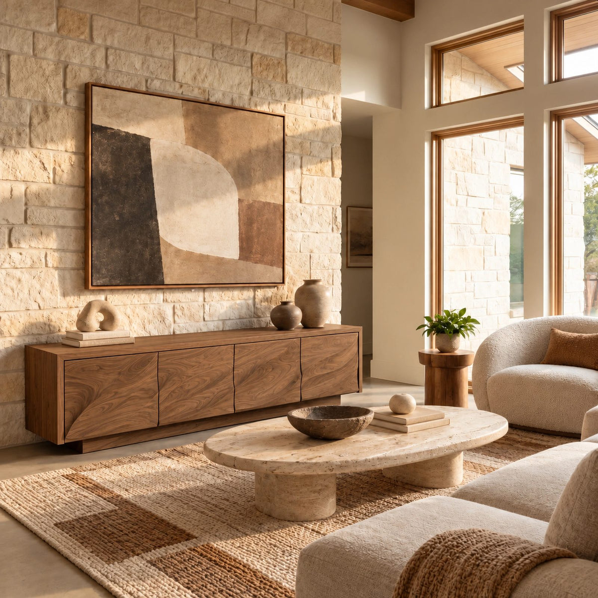 Contemporary Wood TV Cabinet With Floating Live Edge Top For Living Room