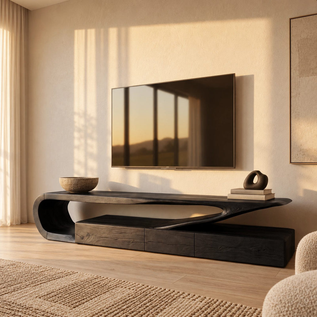 Minimalist Wood TV Console With Flowing Cantilever Base For Living Room
