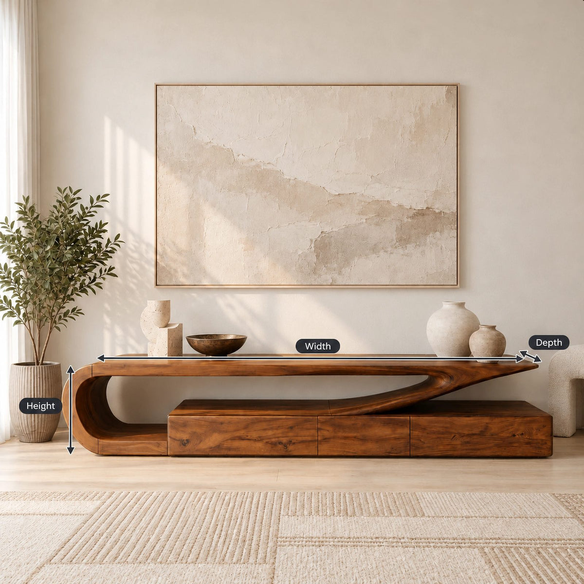Minimalist Wood TV Console With Flowing Cantilever Base For Living Room