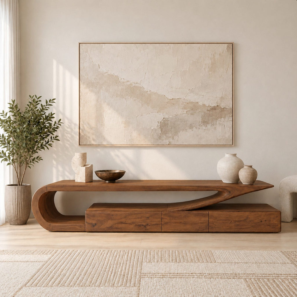 Minimalist Wood TV Console With Flowing Cantilever Base For Living Room