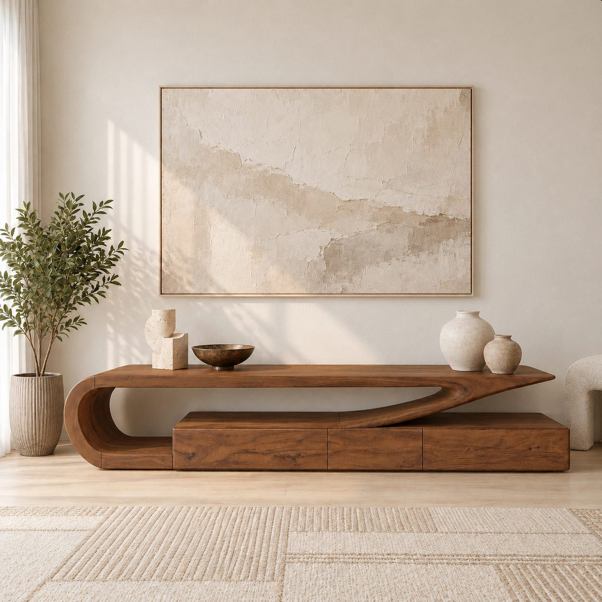 Minimalist Wood TV Console With Flowing Cantilever Base For Living Room