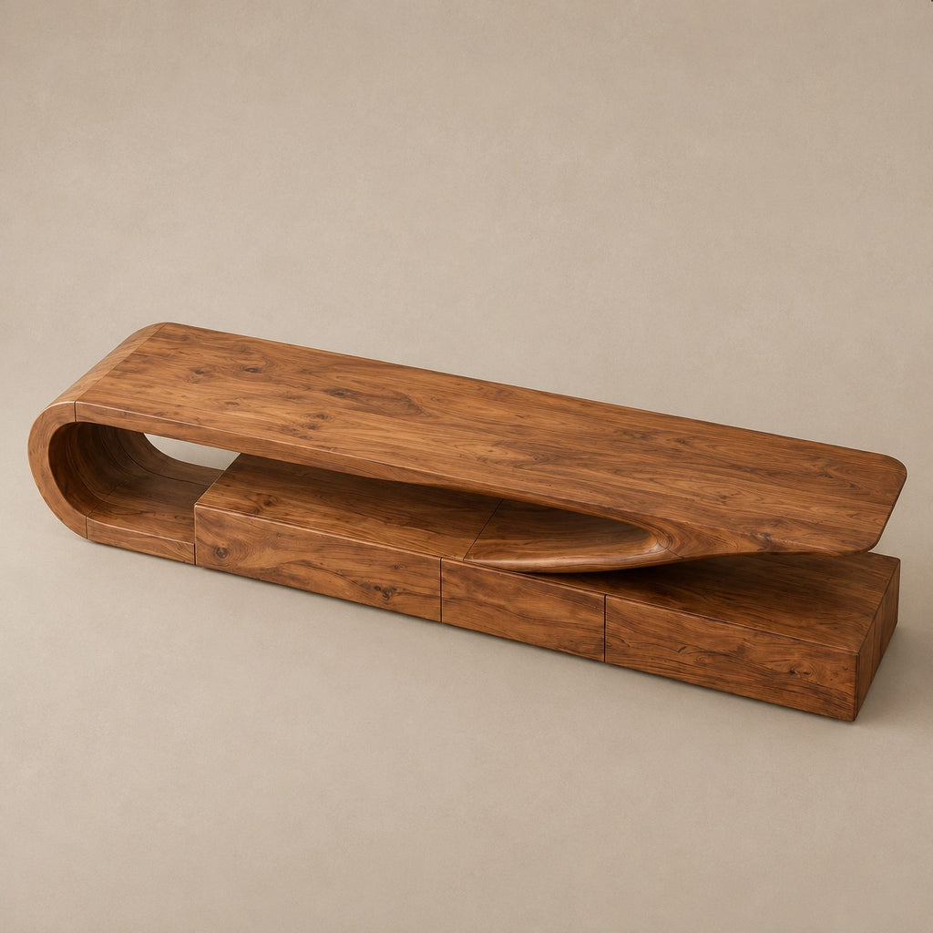 Minimalist Wood TV Console With Flowing Cantilever Base For Living Room