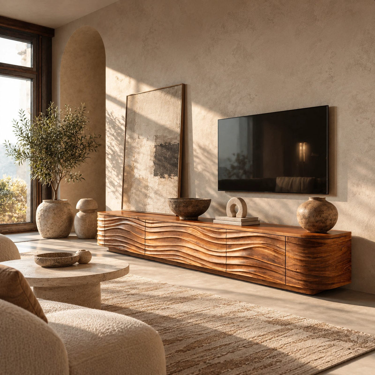 Contemporary Sculpted Wood TV Stand With Wave Carved Front For Living Room