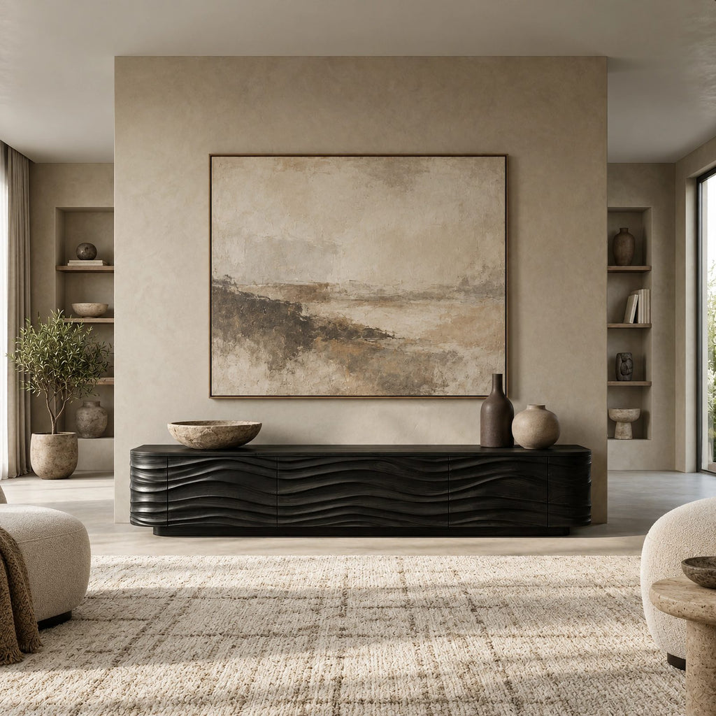 Contemporary Sculpted Wood TV Stand With Wave Carved Front For Living Room