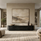 Contemporary Sculpted Wood TV Stand With Wave Carved Front For Living Room