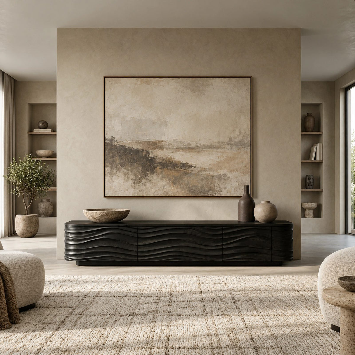 Contemporary Sculpted Wood TV Stand With Wave Carved Front For Living Room