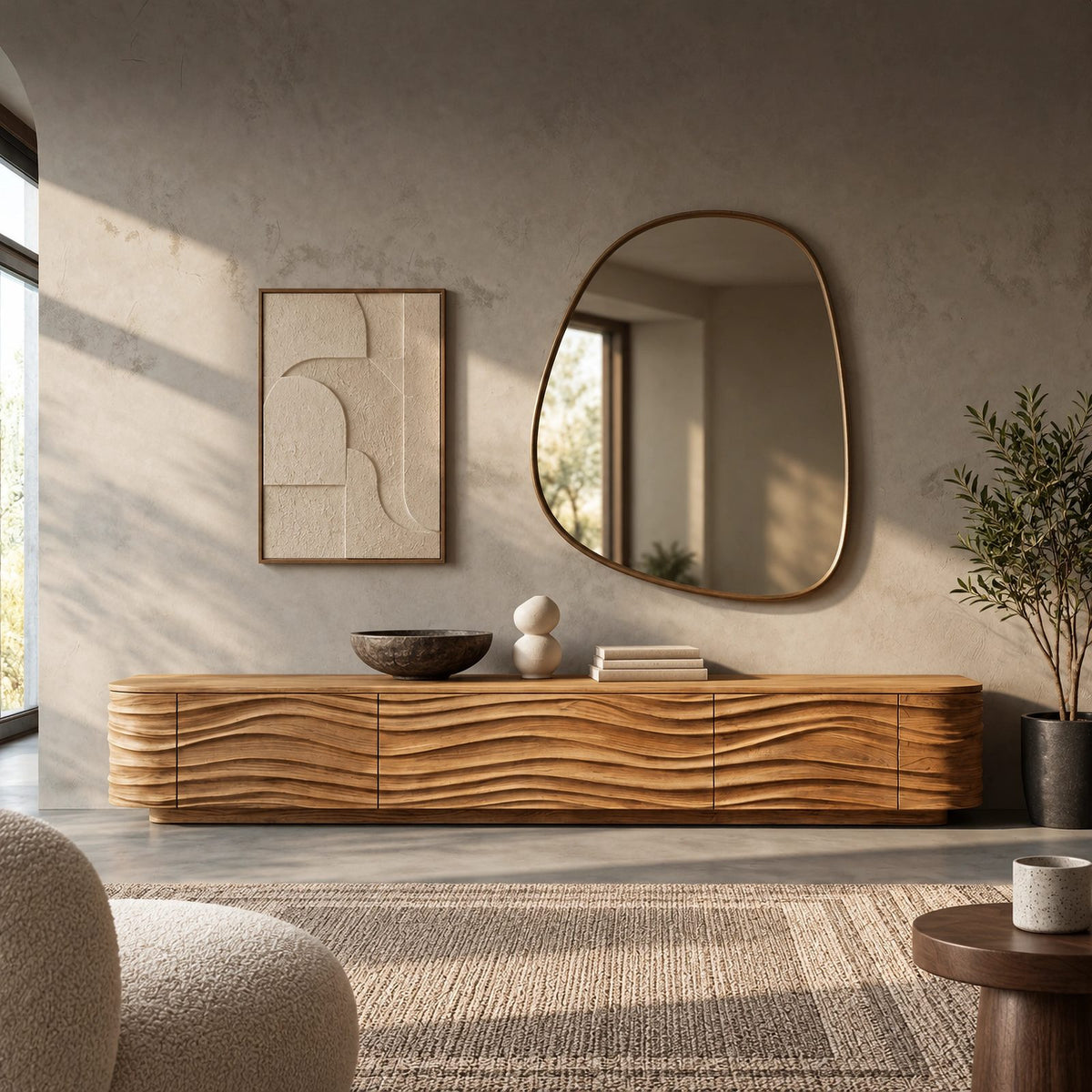 Contemporary Sculpted Wood TV Stand With Wave Carved Front For Living Room
