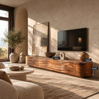 Contemporary Sculpted Wood TV Stand With Wave Carved Front For Living Room