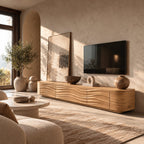 Contemporary Sculpted Wood TV Stand With Wave Carved Front For Living Room