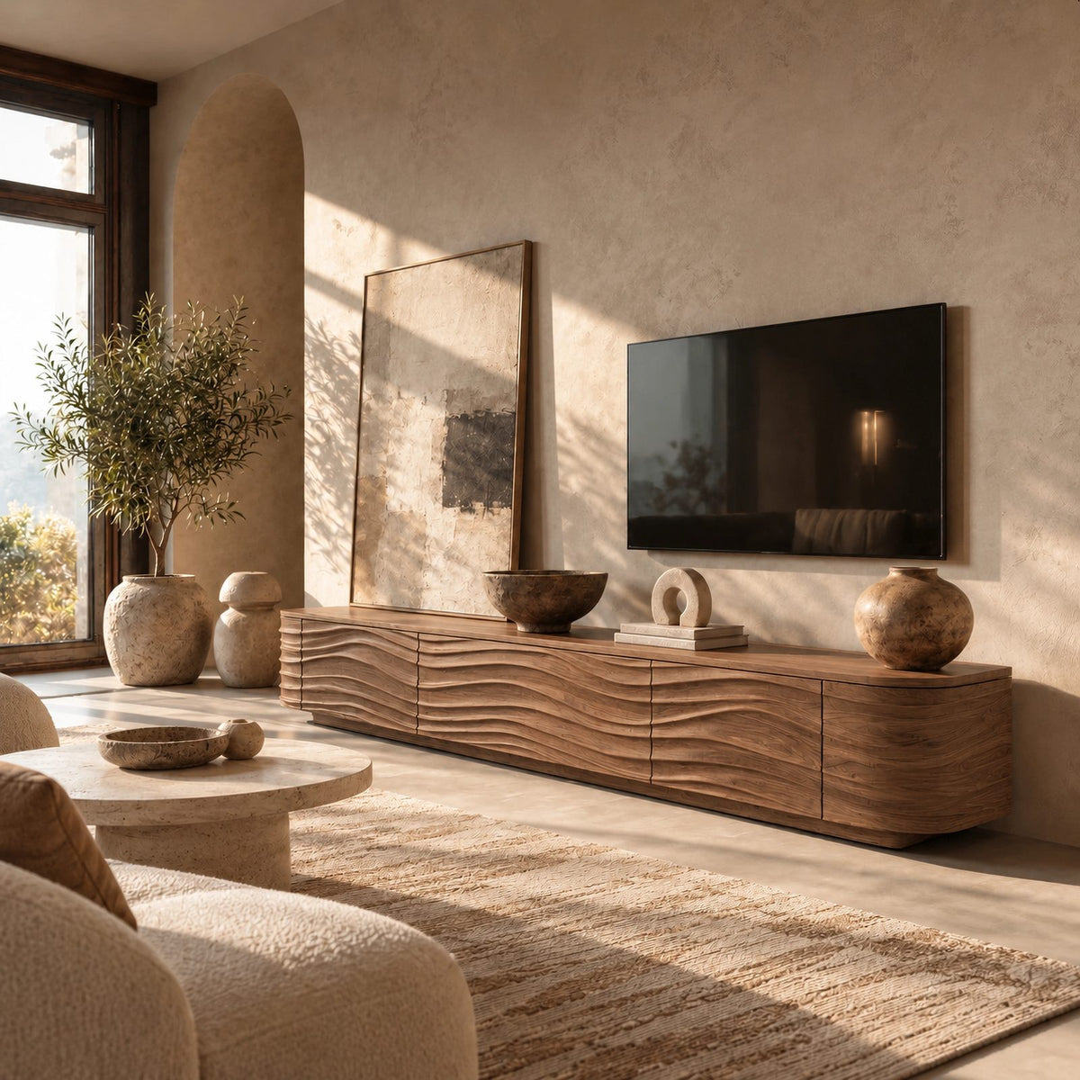 Contemporary Sculpted Wood TV Stand With Wave Carved Front For Living Room